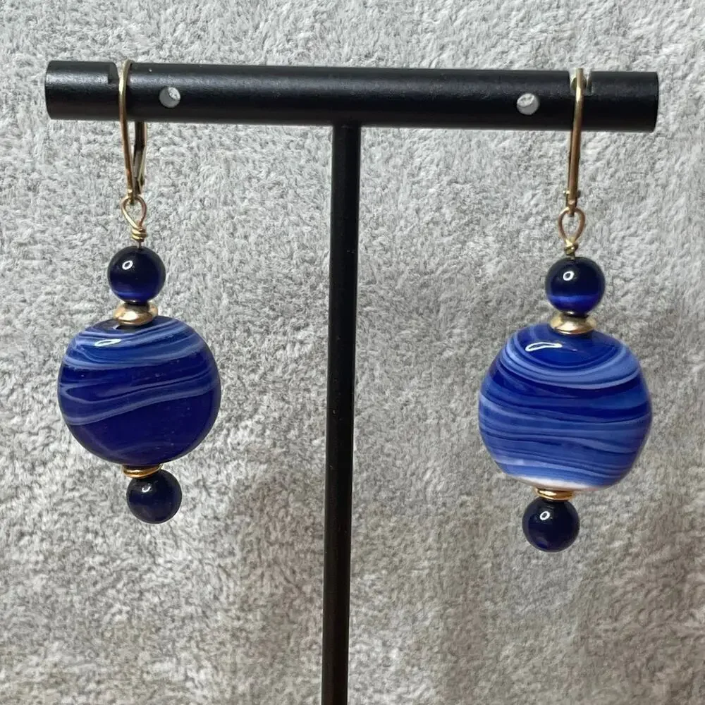 Handmade blue ceramic bead gold tone drop dangle earrings